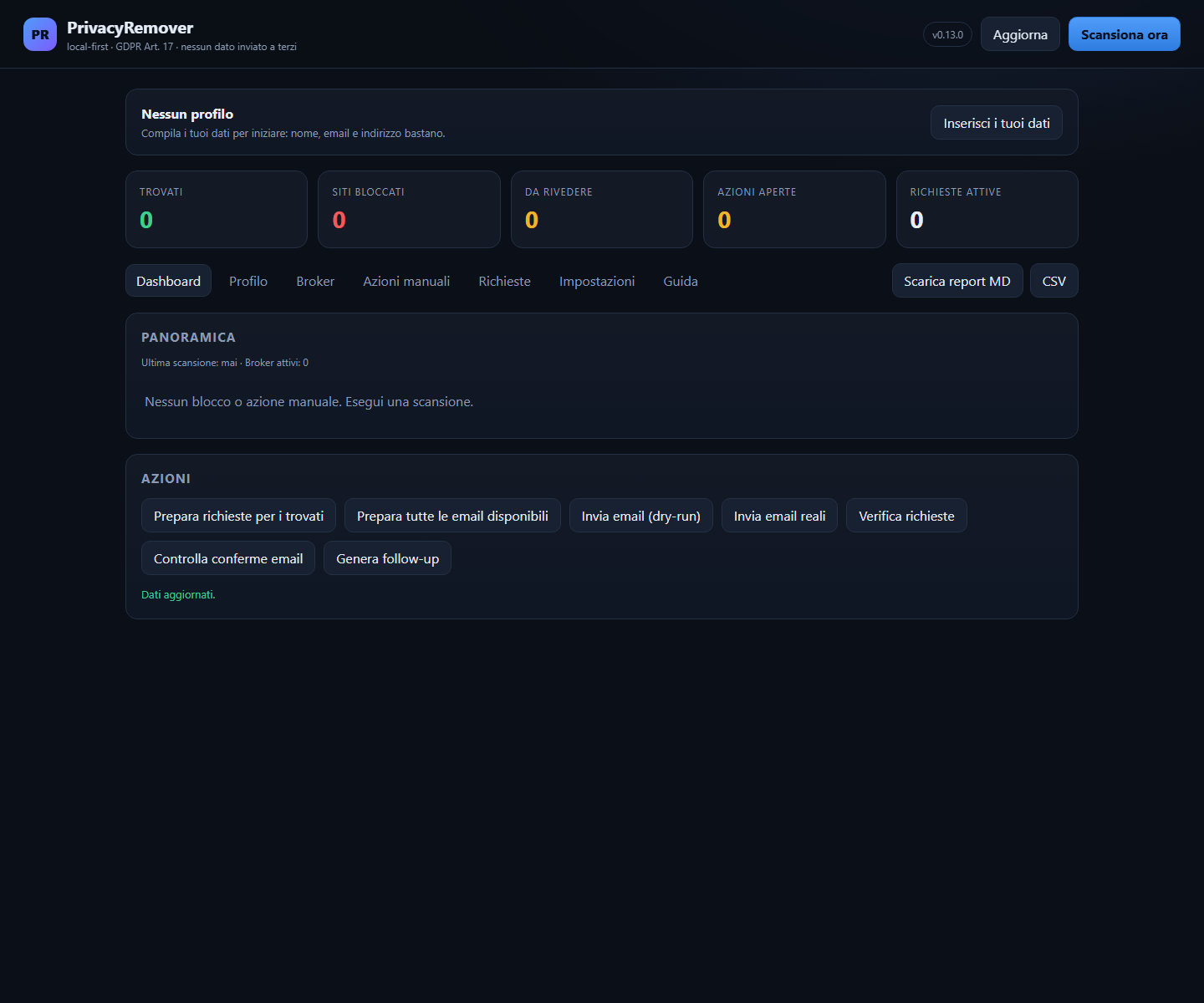 Dashboard iniziale senza profilo
