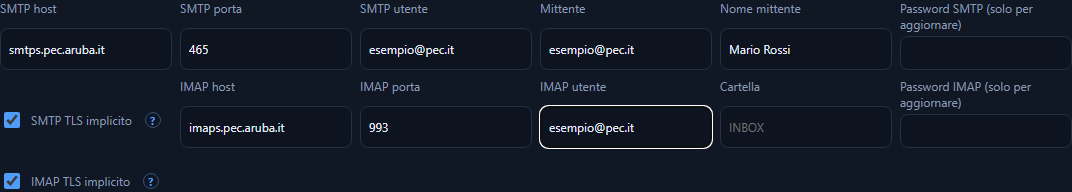 Campi SMTP e IMAP