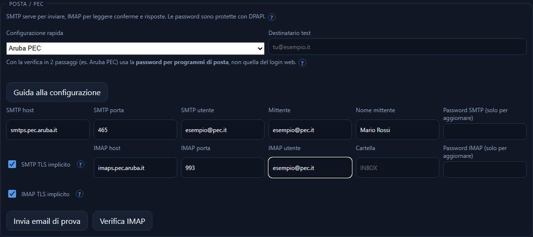 Scheda Posta/PEC con preset, campi e pulsanti
