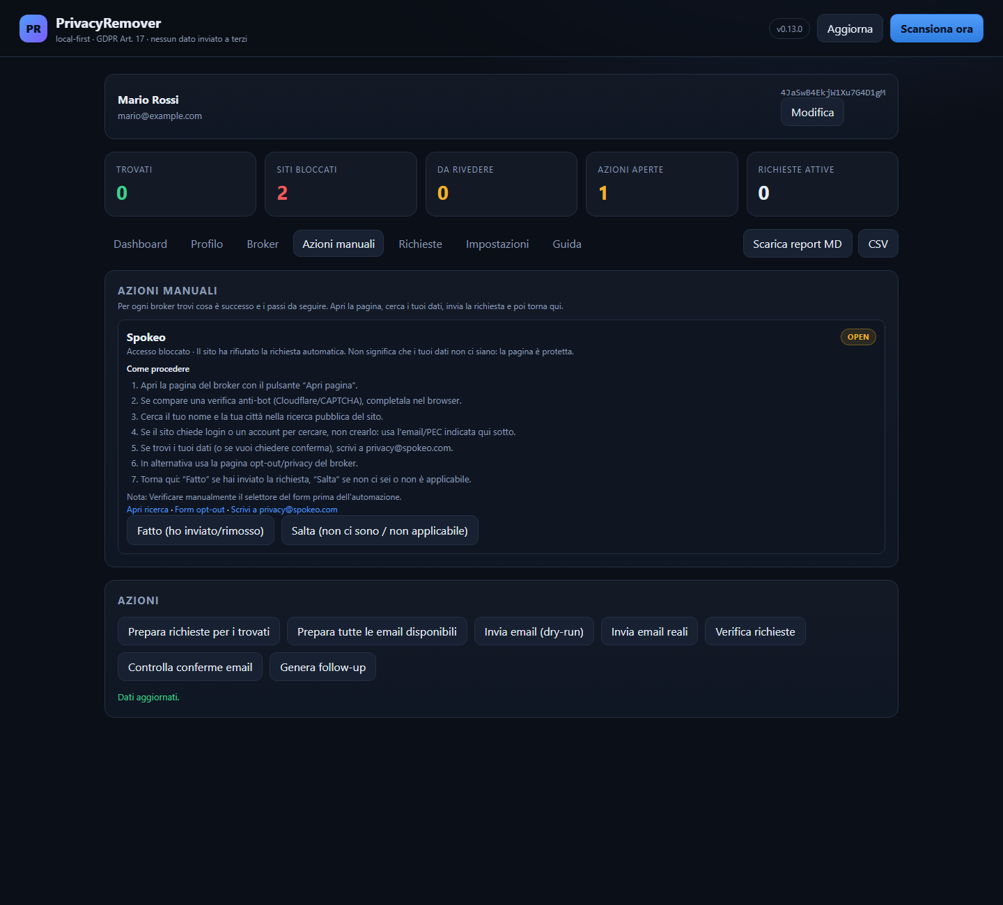Azioni manuali con passi guidati