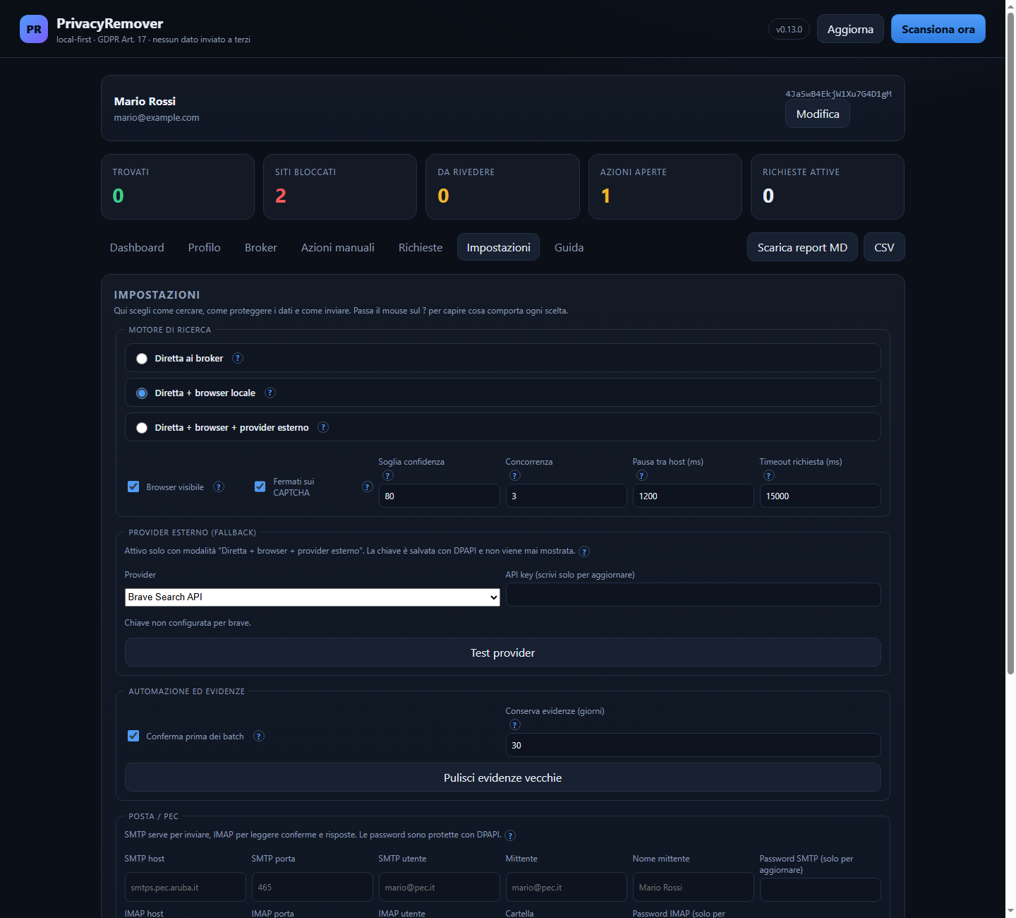 Impostazioni con tooltip